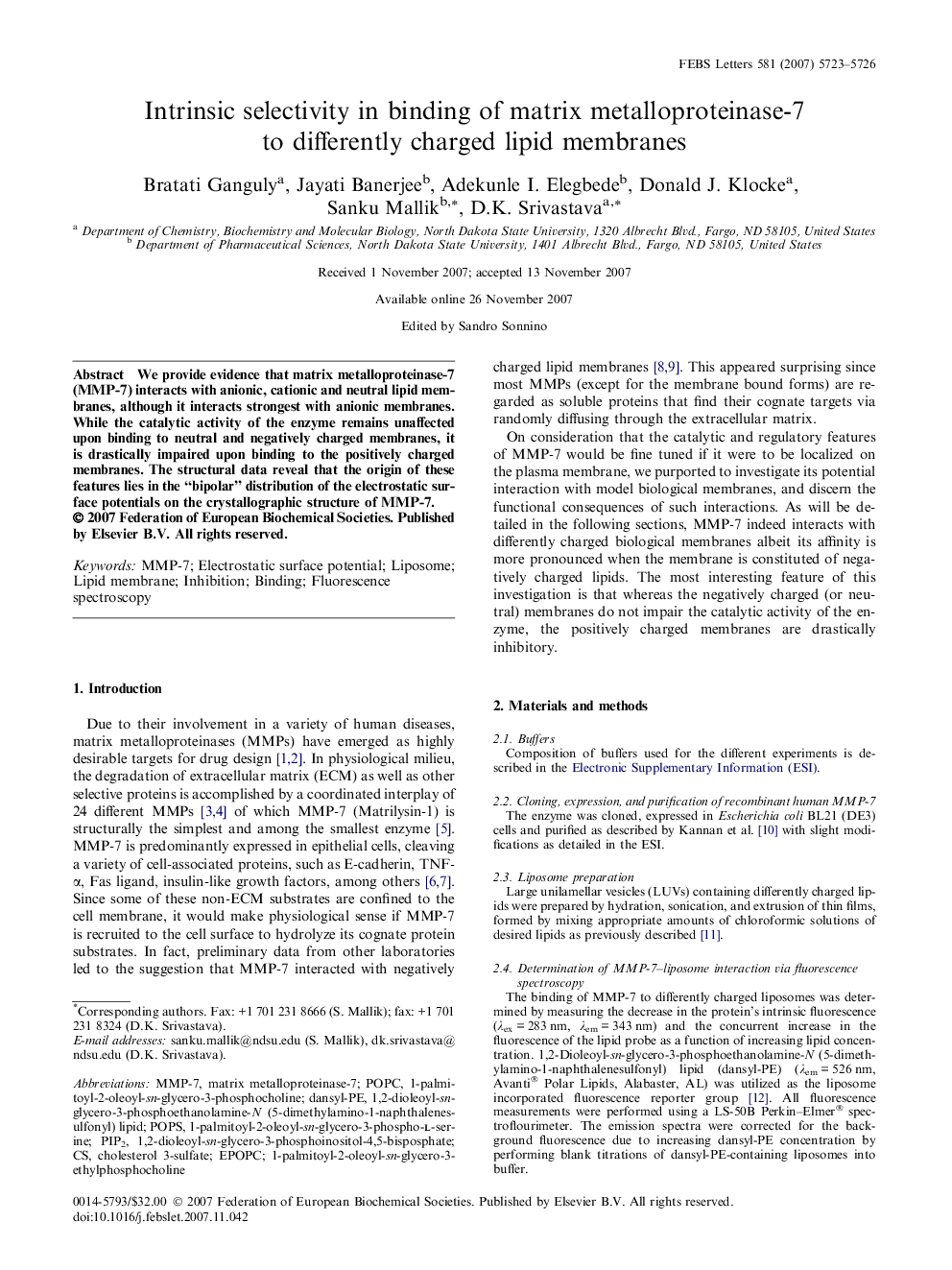 Intrinsic selectivity in binding of matrix metalloproteinase-7 to differently charged lipid membranes