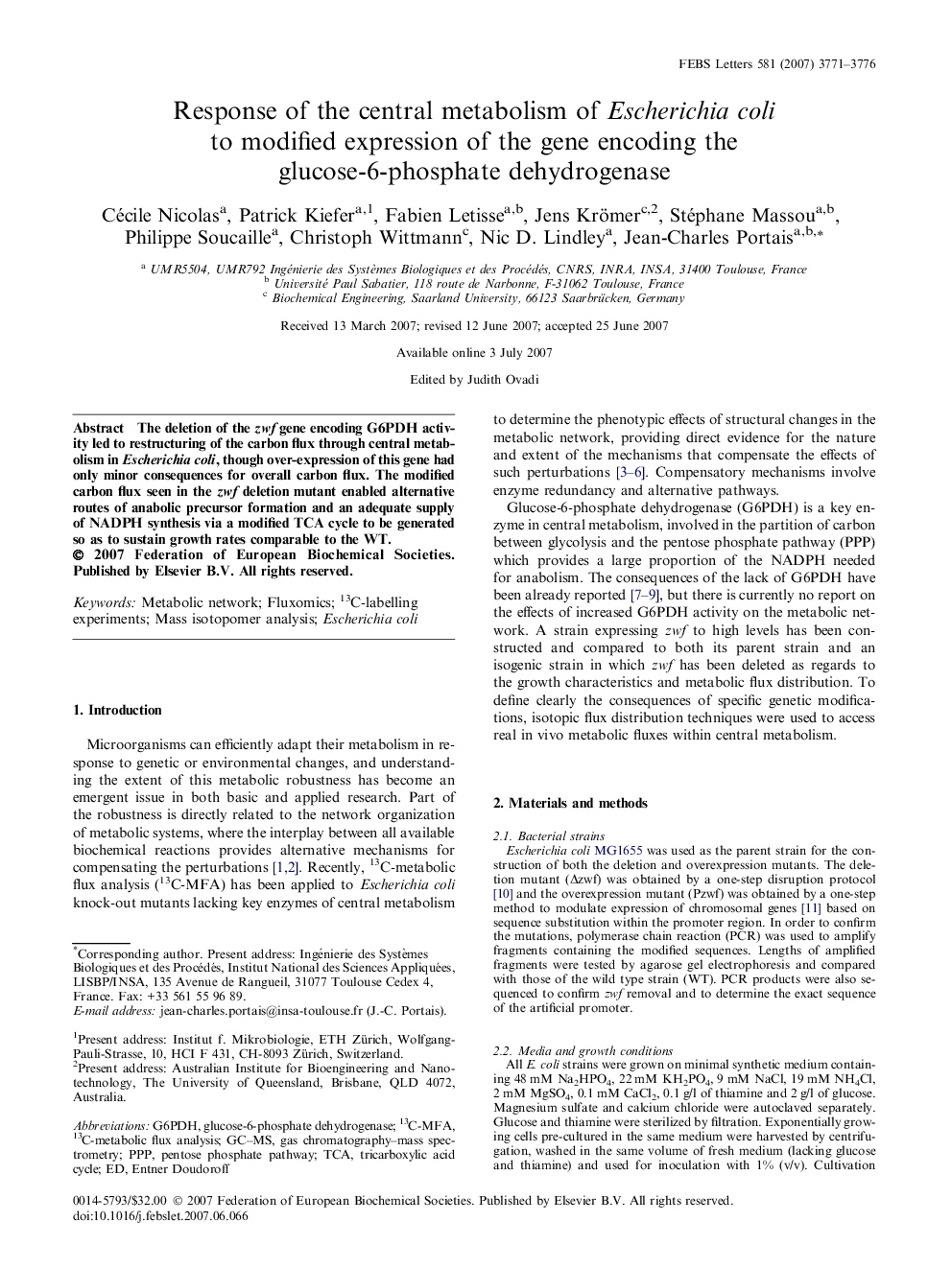 Response of the central metabolism of Escherichia coli to modified expression of the gene encoding the glucose-6-phosphate dehydrogenase