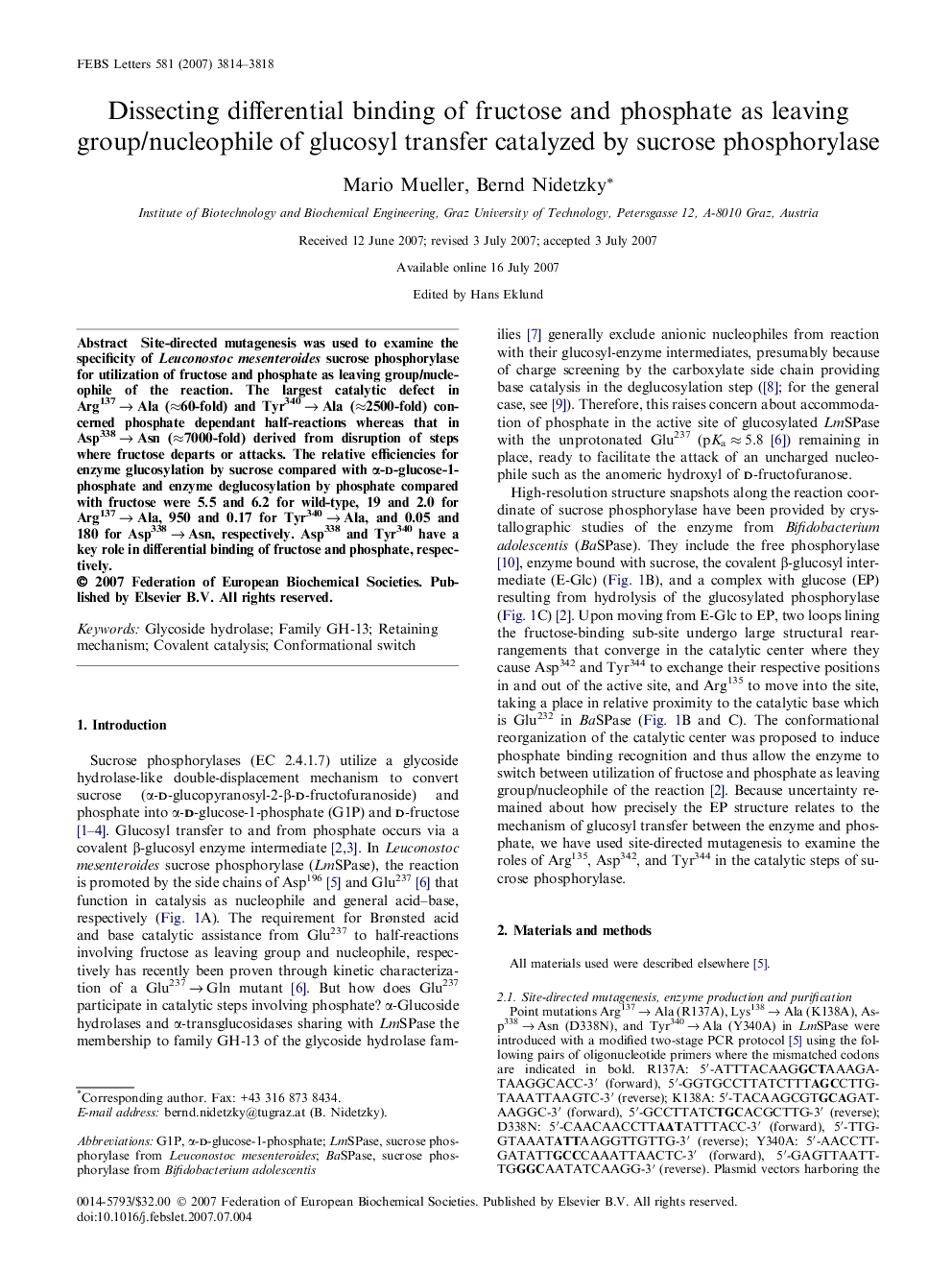 Dissecting differential binding of fructose and phosphate as leaving group/nucleophile of glucosyl transfer catalyzed by sucrose phosphorylase