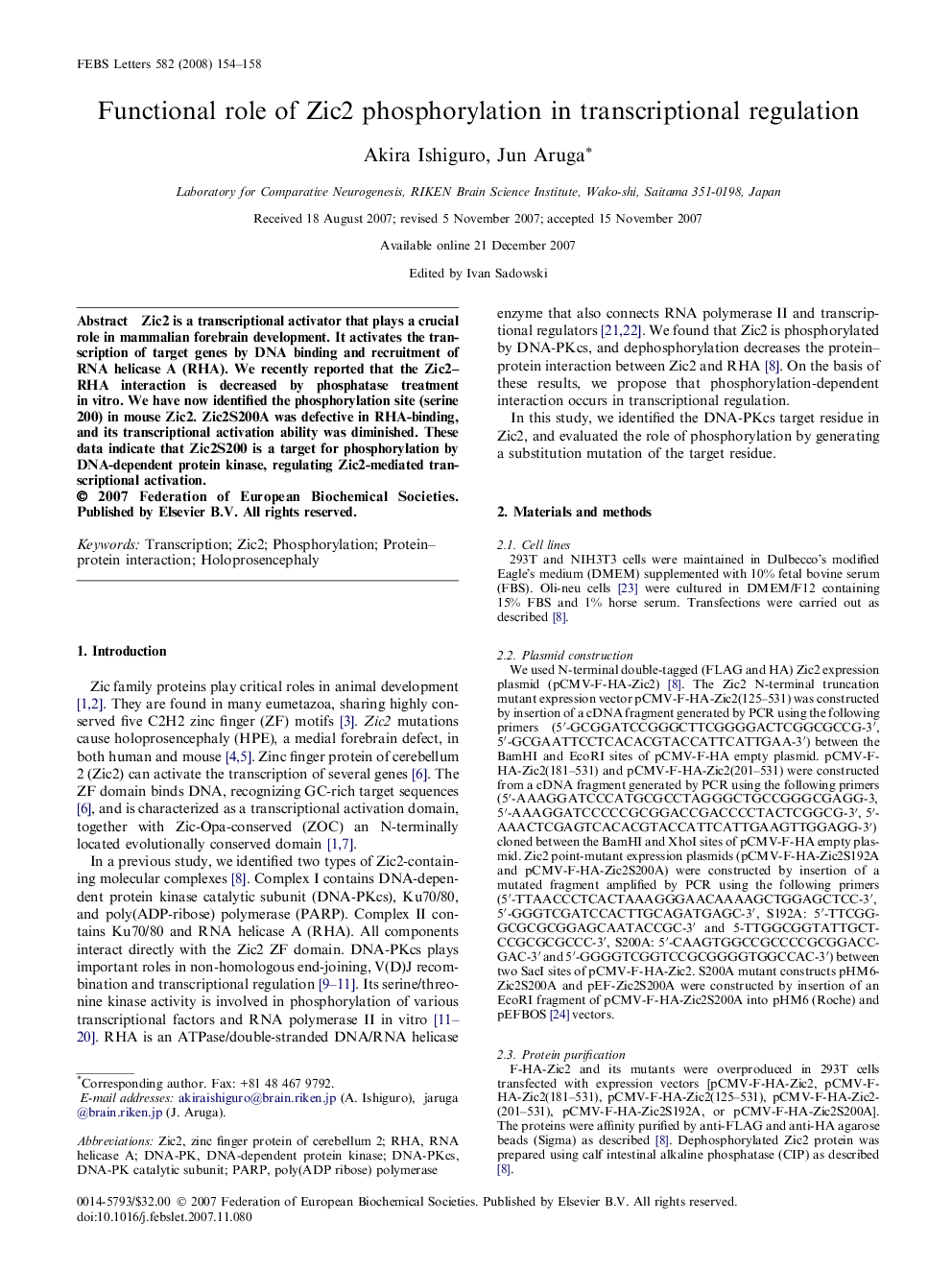 Functional role of Zic2 phosphorylation in transcriptional regulation