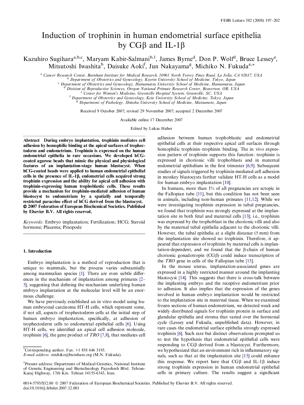 Induction of trophinin in human endometrial surface epithelia by CGÎ² and IL-1Î²