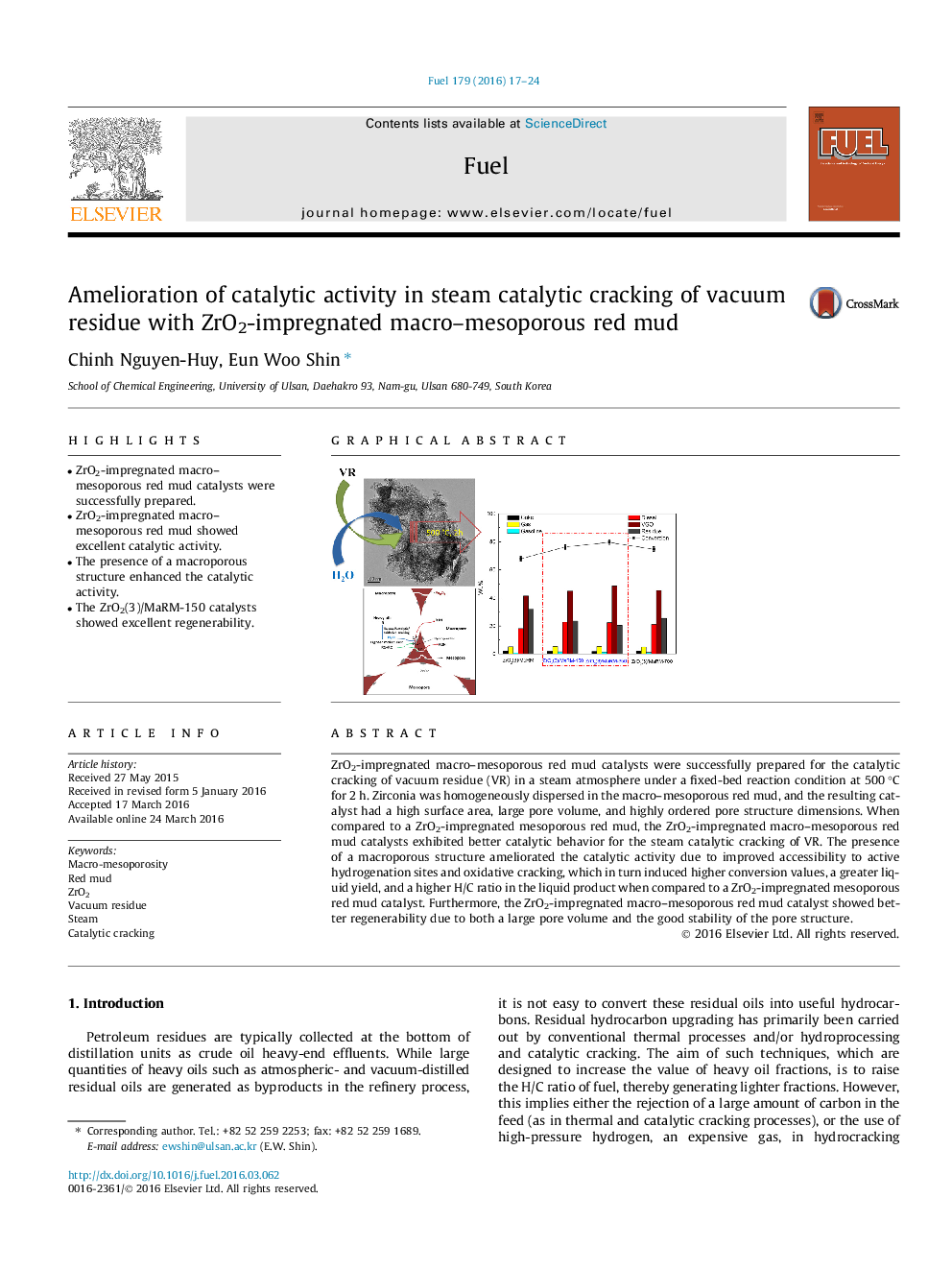 Amelioration of catalytic activity in steam catalytic cracking of vacuum residue with ZrO2-impregnated macro–mesoporous red mud