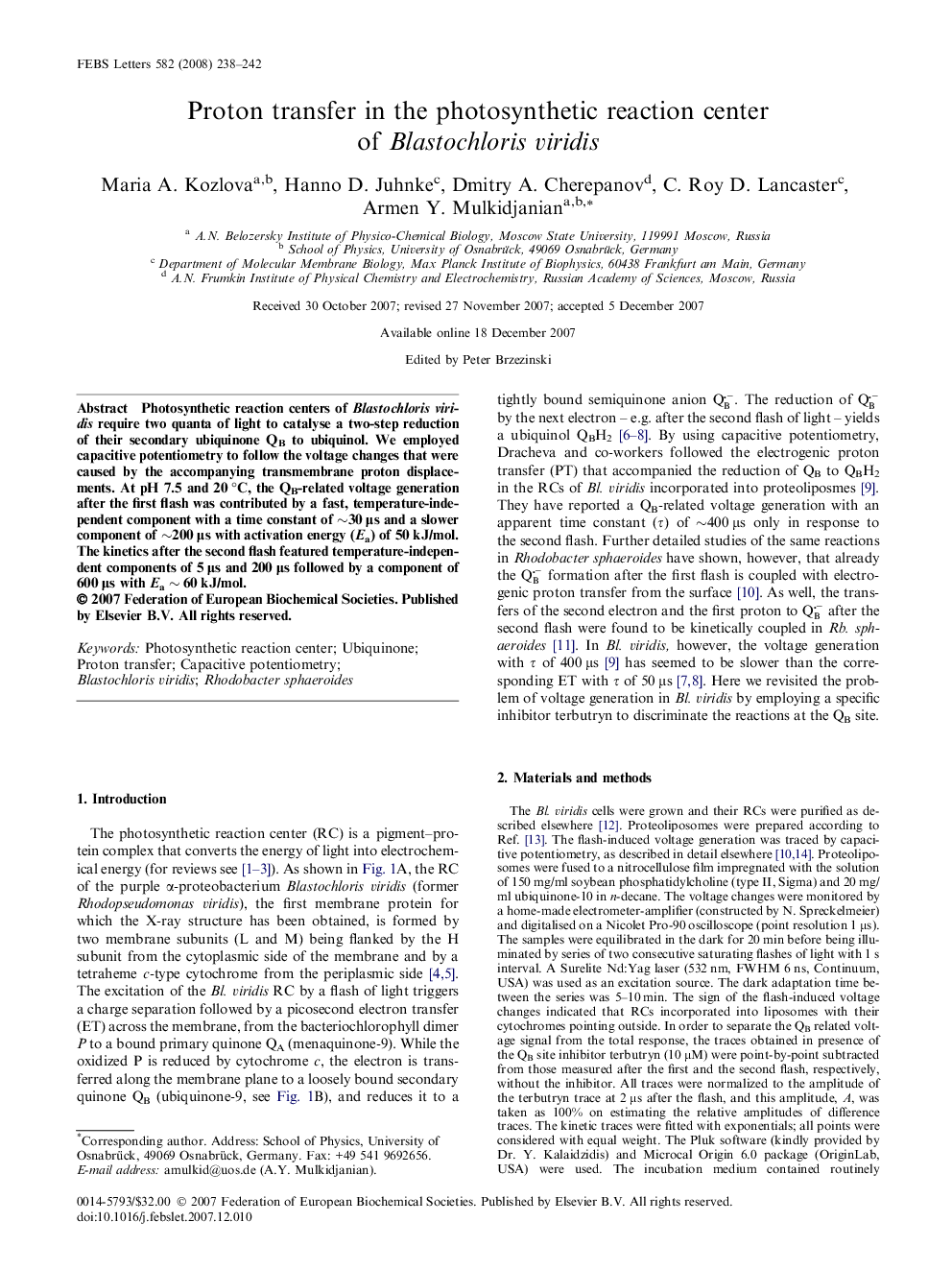 Proton transfer in the photosynthetic reaction center of Blastochloris viridis