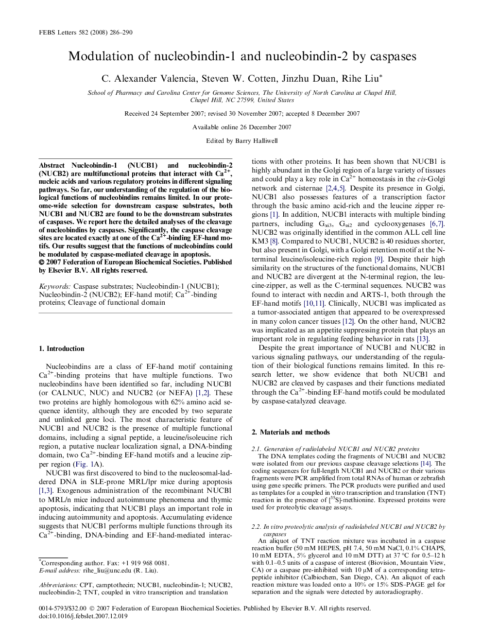 Modulation of nucleobindin-1 and nucleobindin-2 by caspases