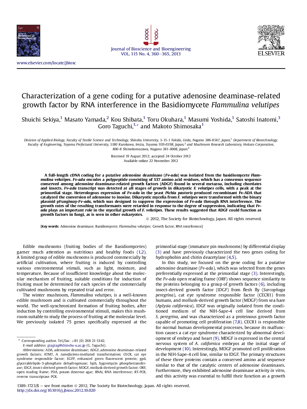 Characterization of a gene coding for a putative adenosine deaminase-related growth factor by RNA interference in the Basidiomycete Flammulina velutipes