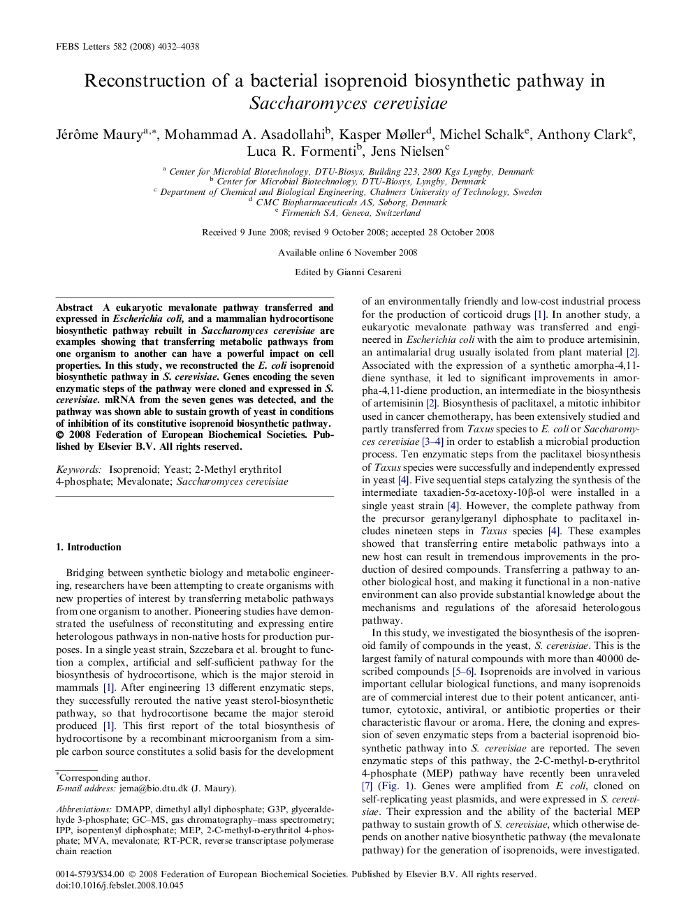 Reconstruction of a bacterial isoprenoid biosynthetic pathway in Saccharomyces cerevisiae