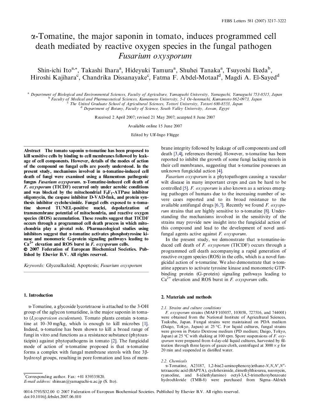 α-Tomatine, the major saponin in tomato, induces programmed cell death mediated by reactive oxygen species in the fungal pathogen Fusarium oxysporum