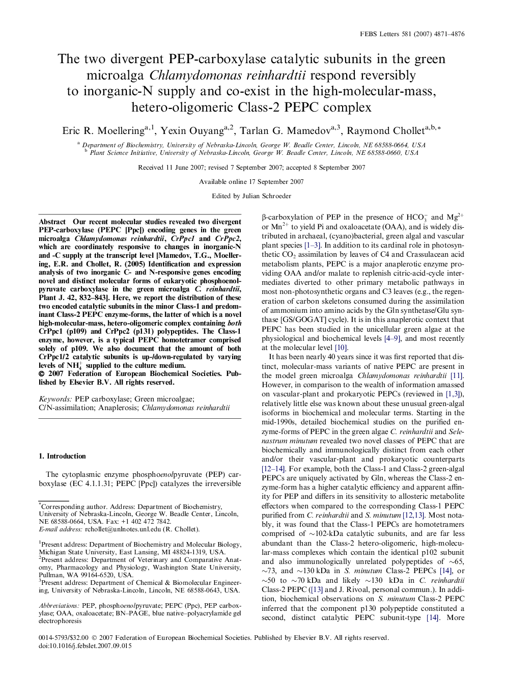 The two divergent PEP-carboxylase catalytic subunits in the green microalga Chlamydomonas reinhardtii respond reversibly to inorganic-N supply and co-exist in the high-molecular-mass, hetero-oligomeric Class-2 PEPC complex