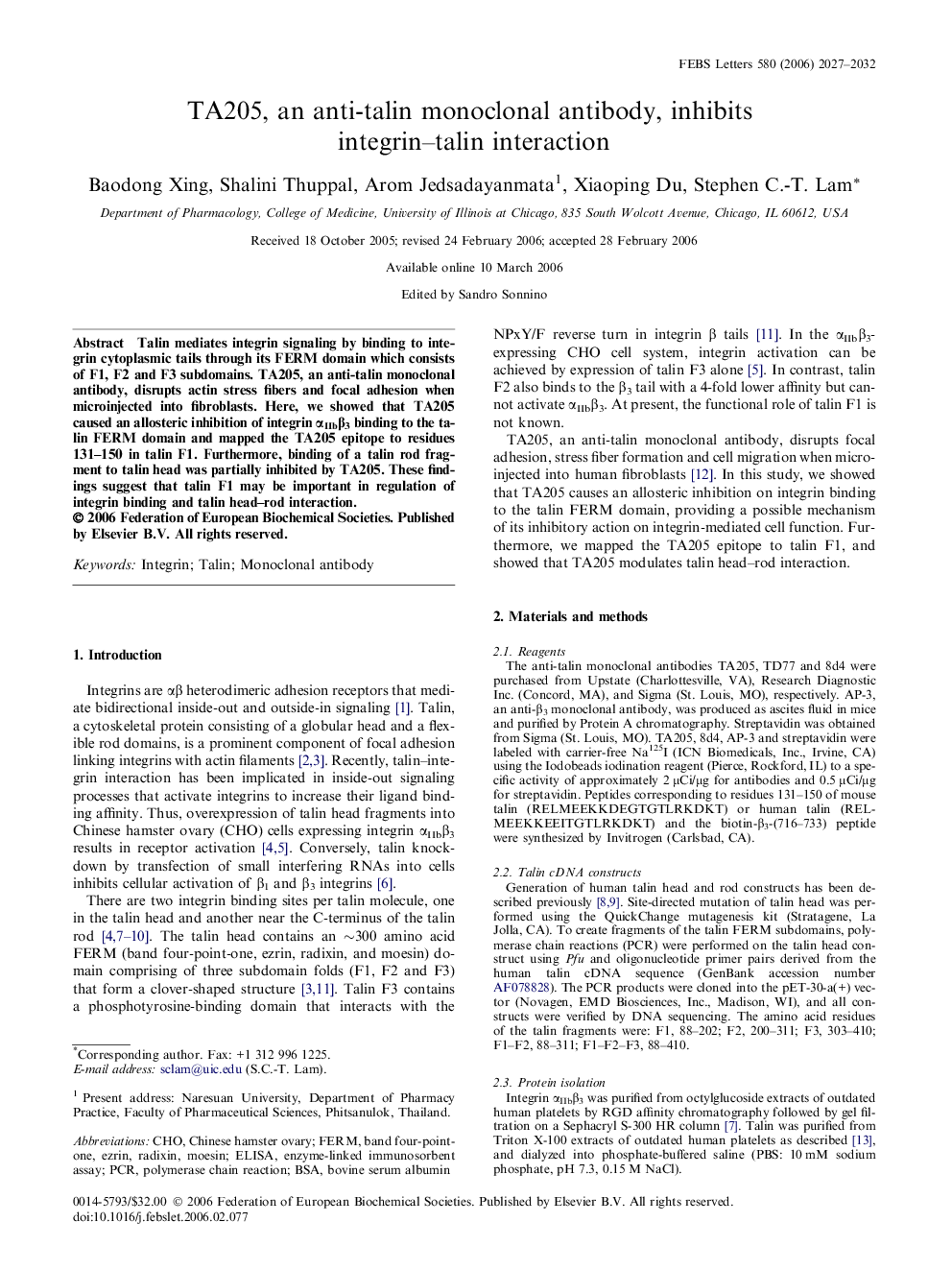 TA205, an anti-talin monoclonal antibody, inhibits integrin–talin interaction