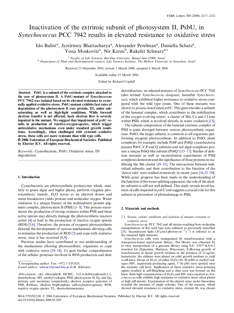 Inactivation of the extrinsic subunit of photosystem II, PsbU, in Synechococcus PCC 7942 results in elevated resistance to oxidative stress