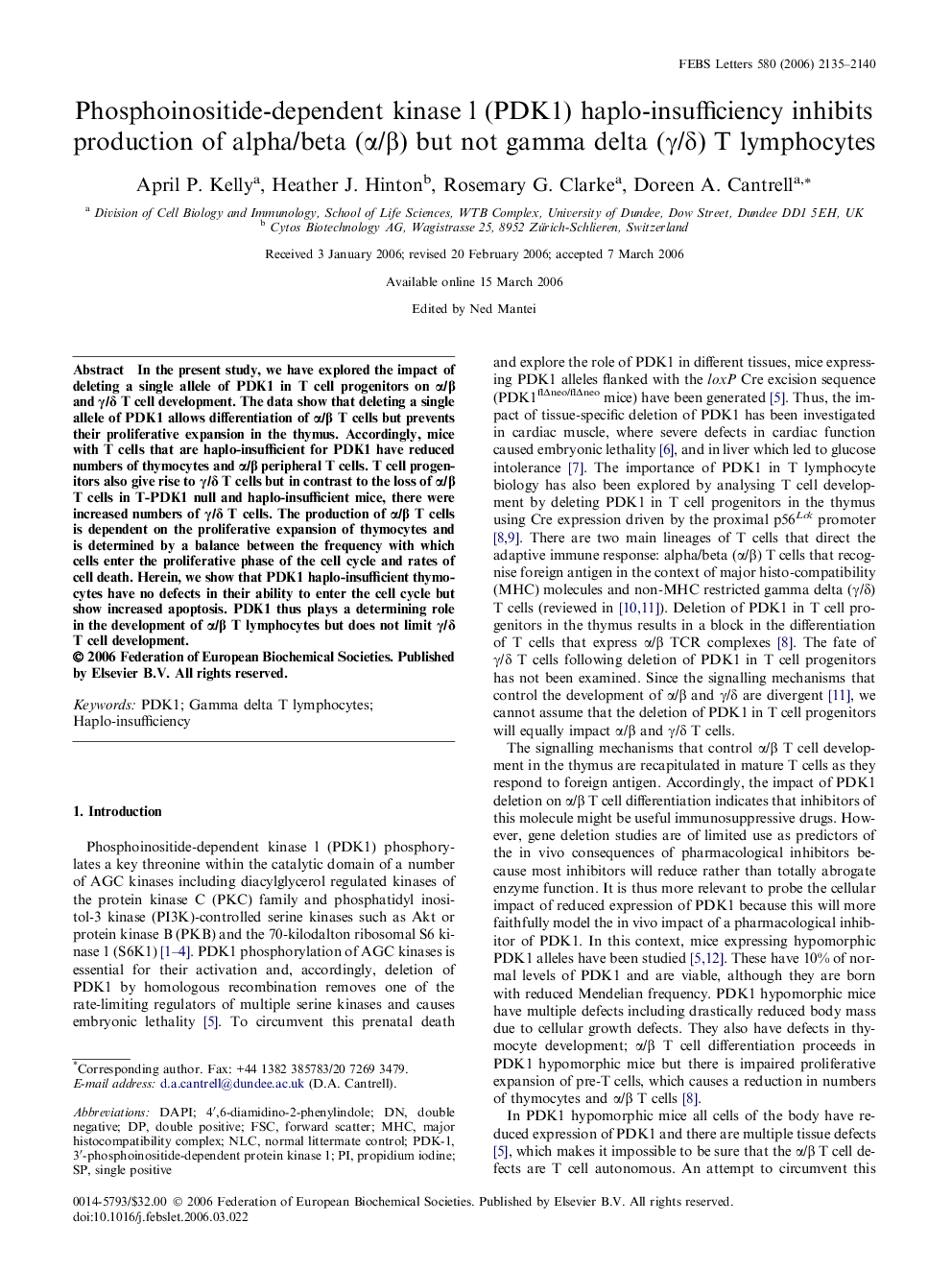 Phosphoinositide-dependent kinase l (PDK1) haplo-insufficiency inhibits production of alpha/beta (α/β) but not gamma delta (γ/δ) T lymphocytes