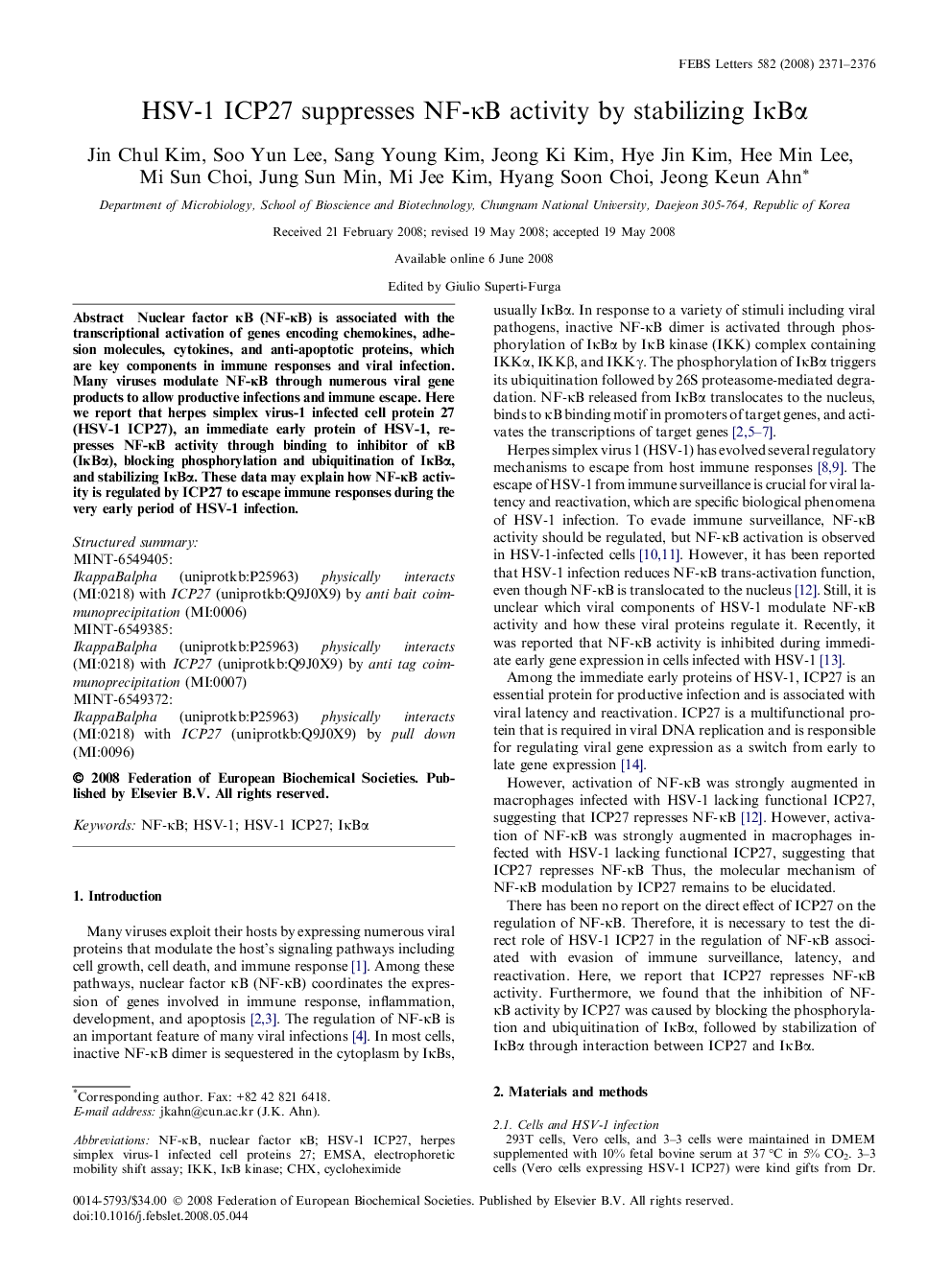 HSV-1 ICP27 suppresses NF-κB activity by stabilizing IκBα