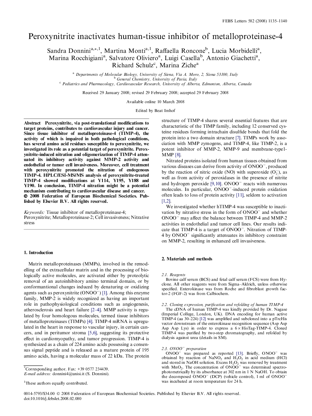 Peroxynitrite inactivates human-tissue inhibitor of metalloproteinase-4