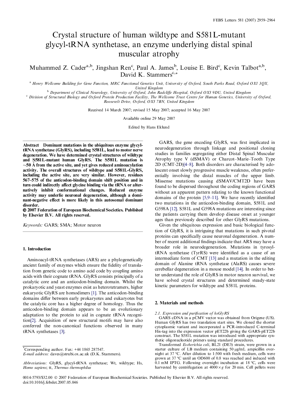 Crystal structure of human wildtype and S581L-mutant glycyl-tRNA synthetase, an enzyme underlying distal spinal muscular atrophy