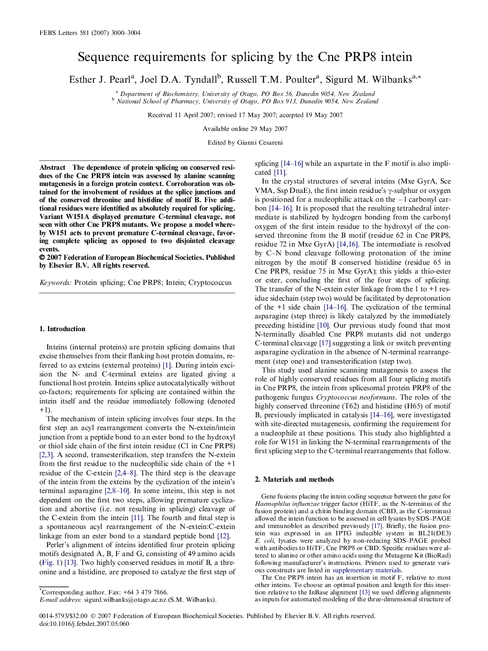 Sequence requirements for splicing by the Cne PRP8 intein