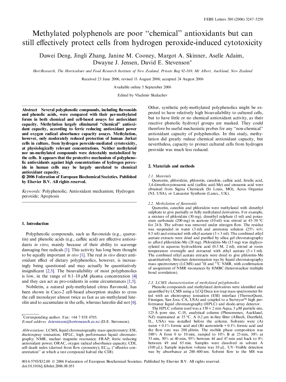 Methylated polyphenols are poor “chemical” antioxidants but can still effectively protect cells from hydrogen peroxide-induced cytotoxicity