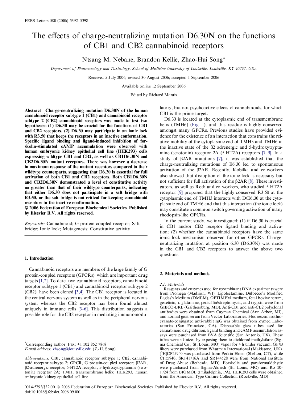 The effects of charge-neutralizing mutation D6.30N on the functions of CB1 and CB2 cannabinoid receptors