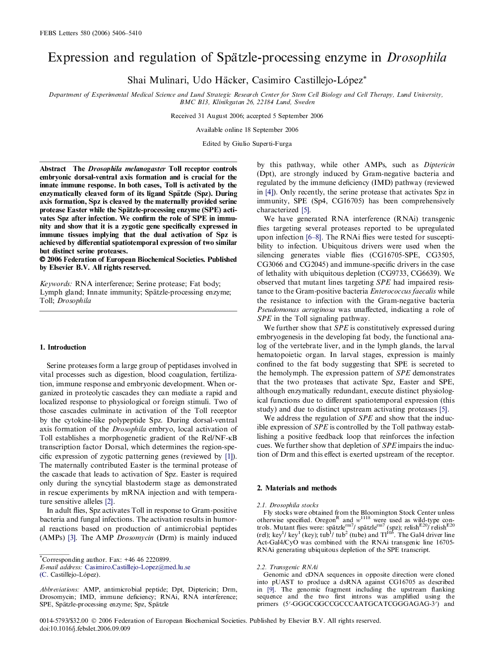 Expression and regulation of Spätzle-processing enzyme in Drosophila