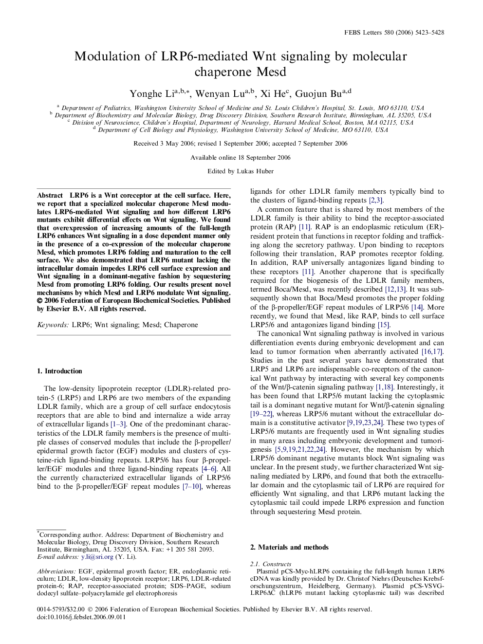 Modulation of LRP6-mediated Wnt signaling by molecular chaperone Mesd