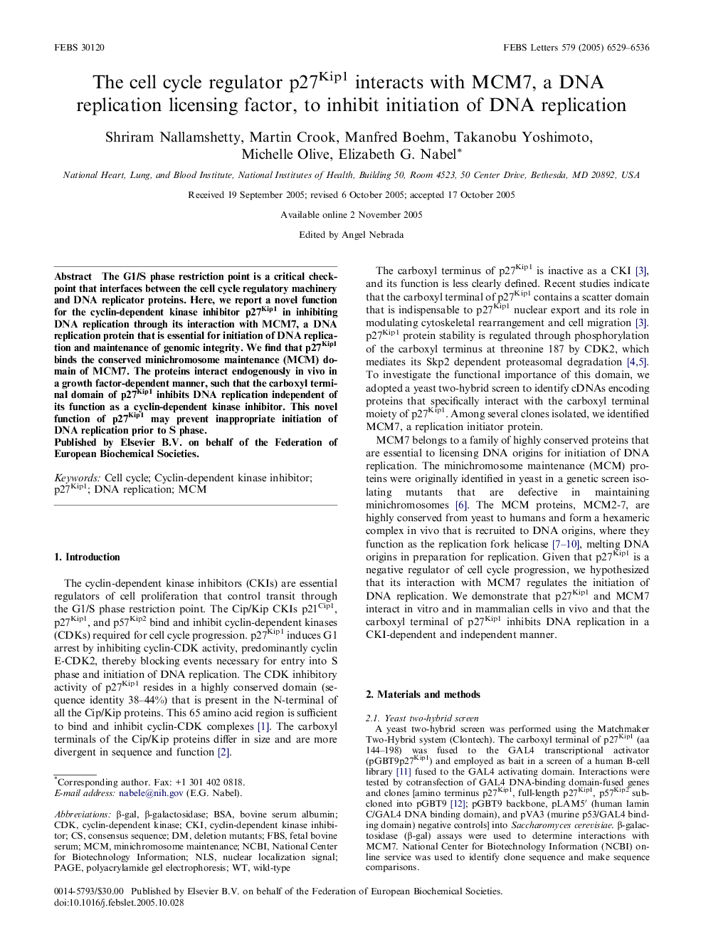 The cell cycle regulator p27Kip1 interacts with MCM7, a DNA replication licensing factor, to inhibit initiation of DNA replication