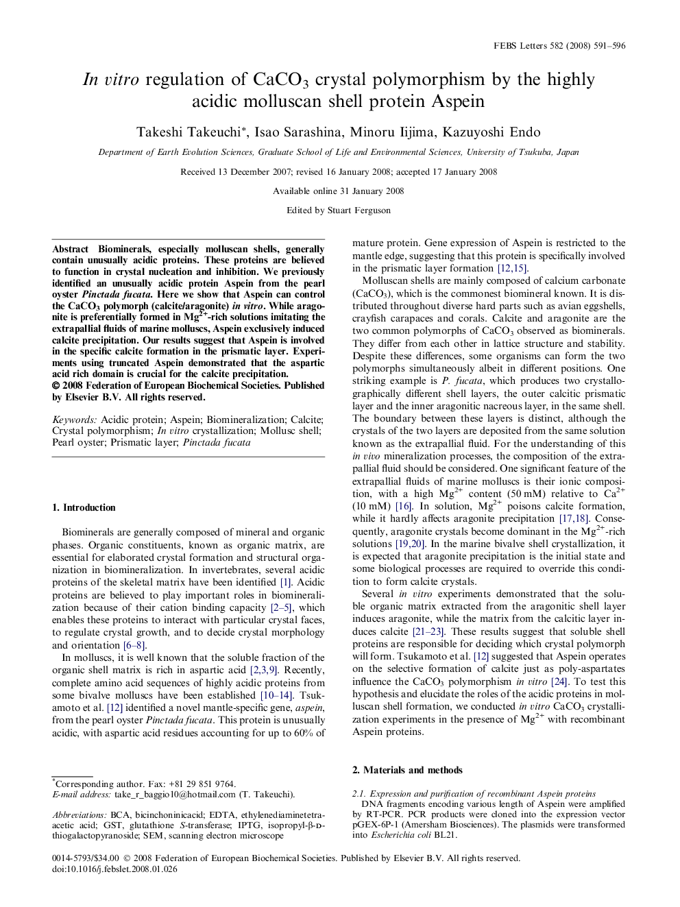 In vitro regulation of CaCO3 crystal polymorphism by the highly acidic molluscan shell protein Aspein