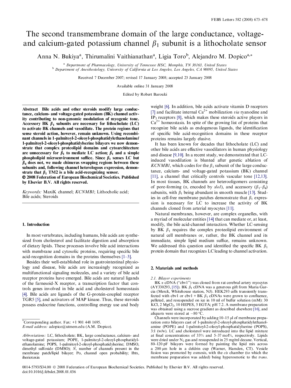 The second transmembrane domain of the large conductance, voltage- and calcium-gated potassium channel β1 subunit is a lithocholate sensor