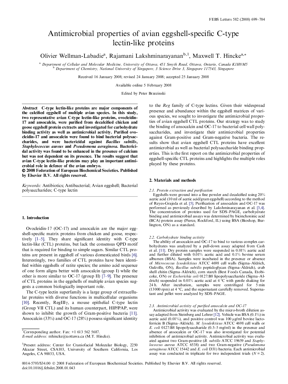 Antimicrobial properties of avian eggshell-specific C-type lectin-like proteins