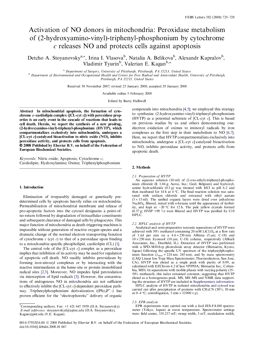 Activation of NO donors in mitochondria: Peroxidase metabolism of (2-hydroxyamino-vinyl)-triphenyl-phosphonium by cytochrome c releases NO and protects cells against apoptosis