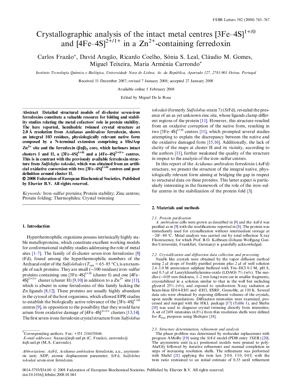 Crystallographic analysis of the intact metal centres [3Fe–4S]1+/0 and [4Fe–4S]2+/1+ in a Zn2+-containing ferredoxin