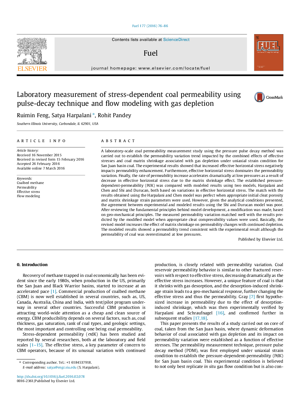 Laboratory measurement of stress-dependent coal permeability using pulse-decay technique and flow modeling with gas depletion