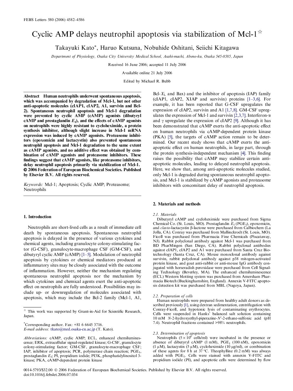 Cyclic AMP delays neutrophil apoptosis via stabilization of Mcl-1 