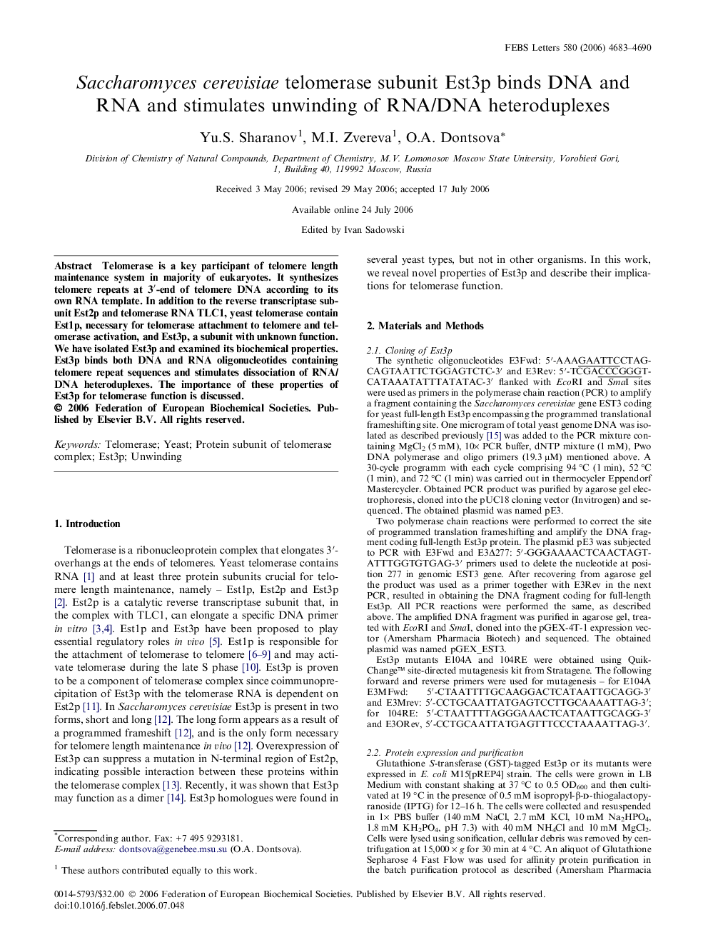 Saccharomyces cerevisiae telomerase subunit Est3p binds DNA and RNA and stimulates unwinding of RNA/DNA heteroduplexes