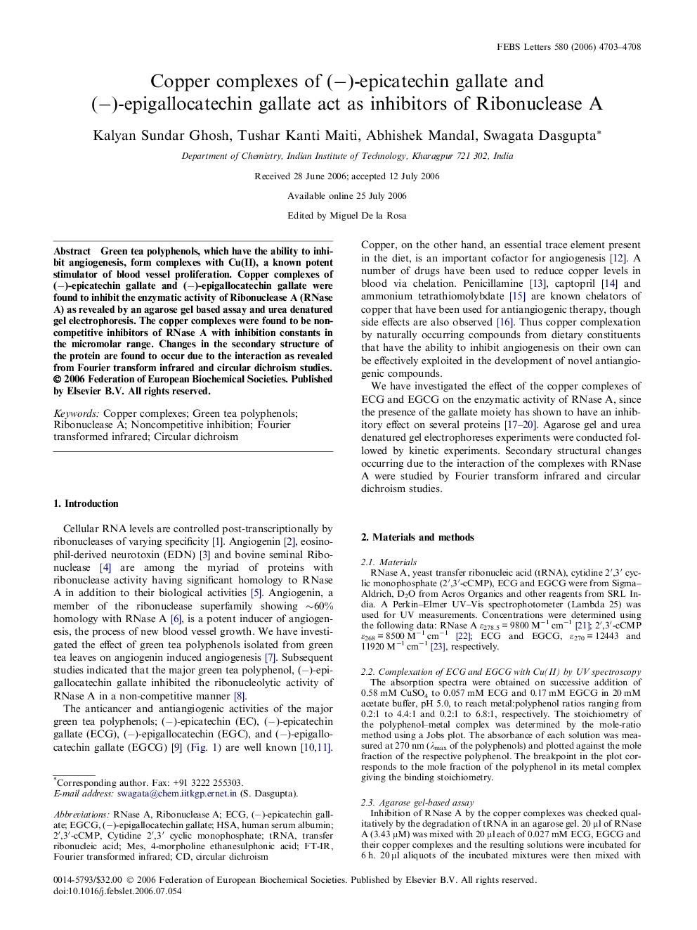 Copper complexes of (−)-epicatechin gallate and (−)-epigallocatechin gallate act as inhibitors of Ribonuclease A