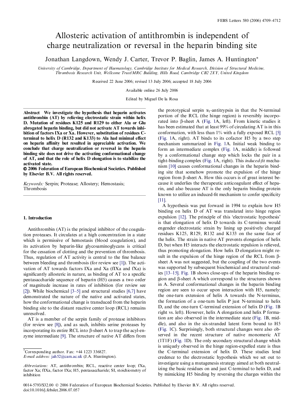 Allosteric activation of antithrombin is independent of charge neutralization or reversal in the heparin binding site