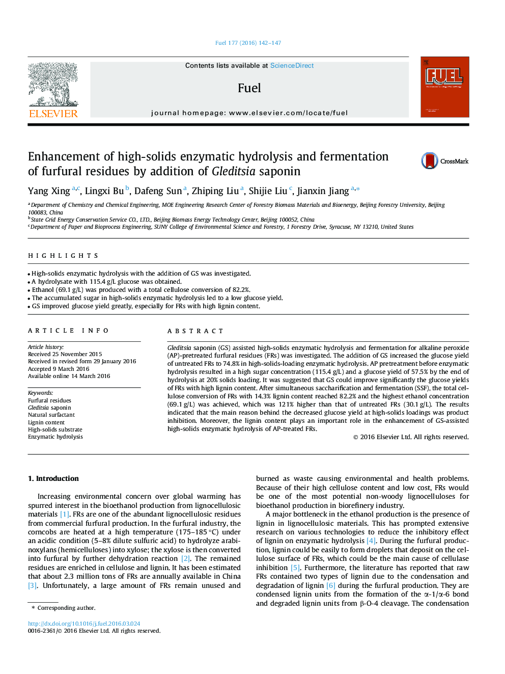 Enhancement of high-solids enzymatic hydrolysis and fermentation of furfural residues by addition of Gleditsia saponin