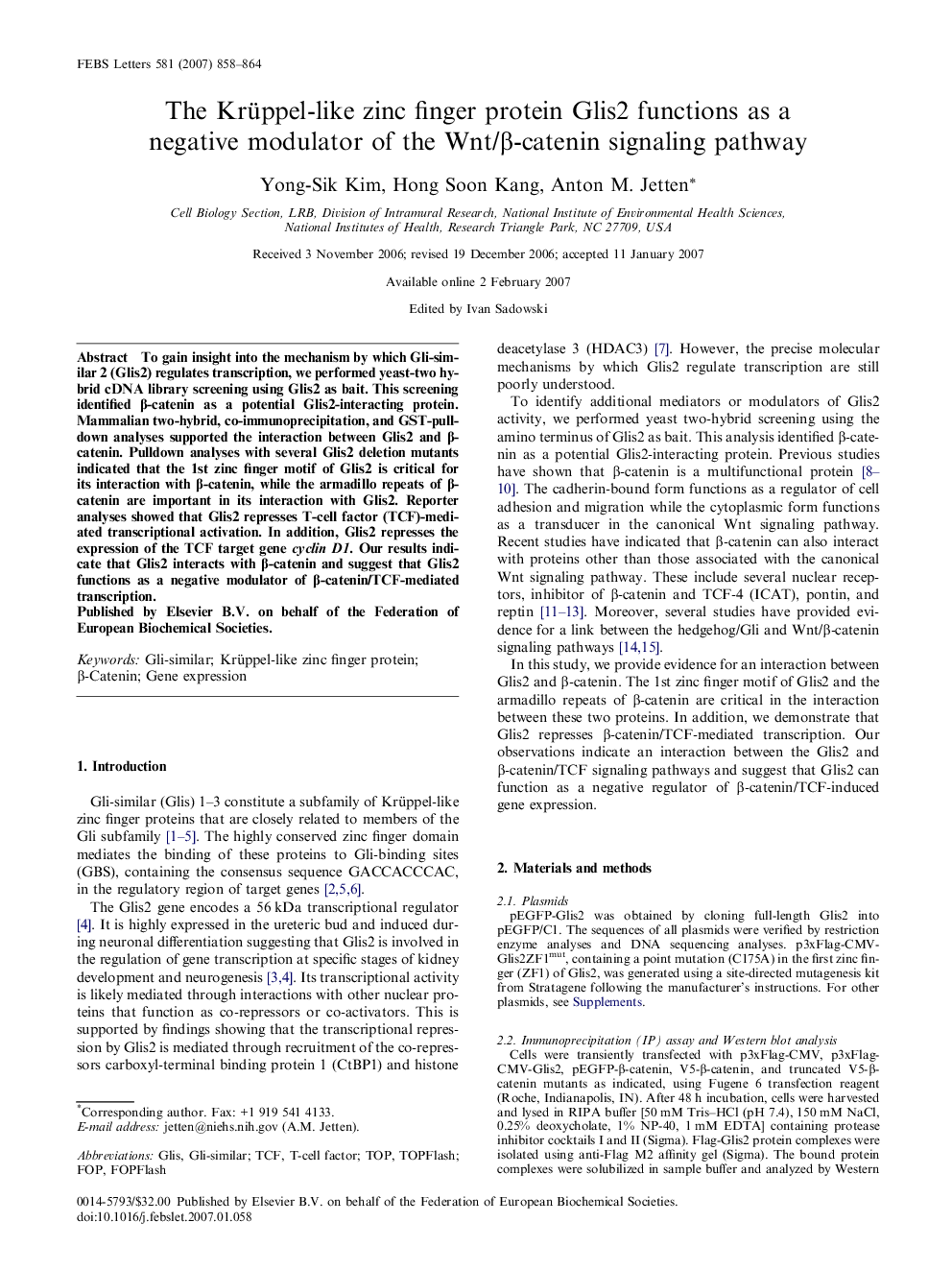 The Krüppel-like zinc finger protein Glis2 functions as a negative modulator of the Wnt/β-catenin signaling pathway