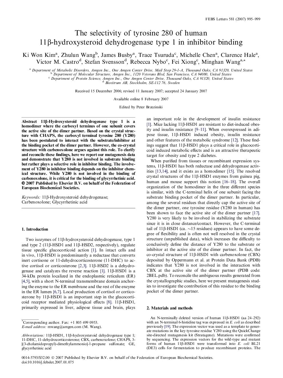 The selectivity of tyrosine 280 of human 11β-hydroxysteroid dehydrogenase type 1 in inhibitor binding