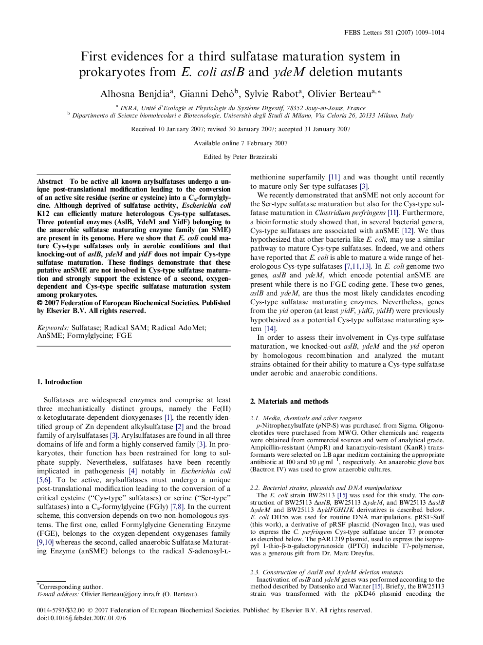 First evidences for a third sulfatase maturation system in prokaryotes from E. coli aslB and ydeM deletion mutants