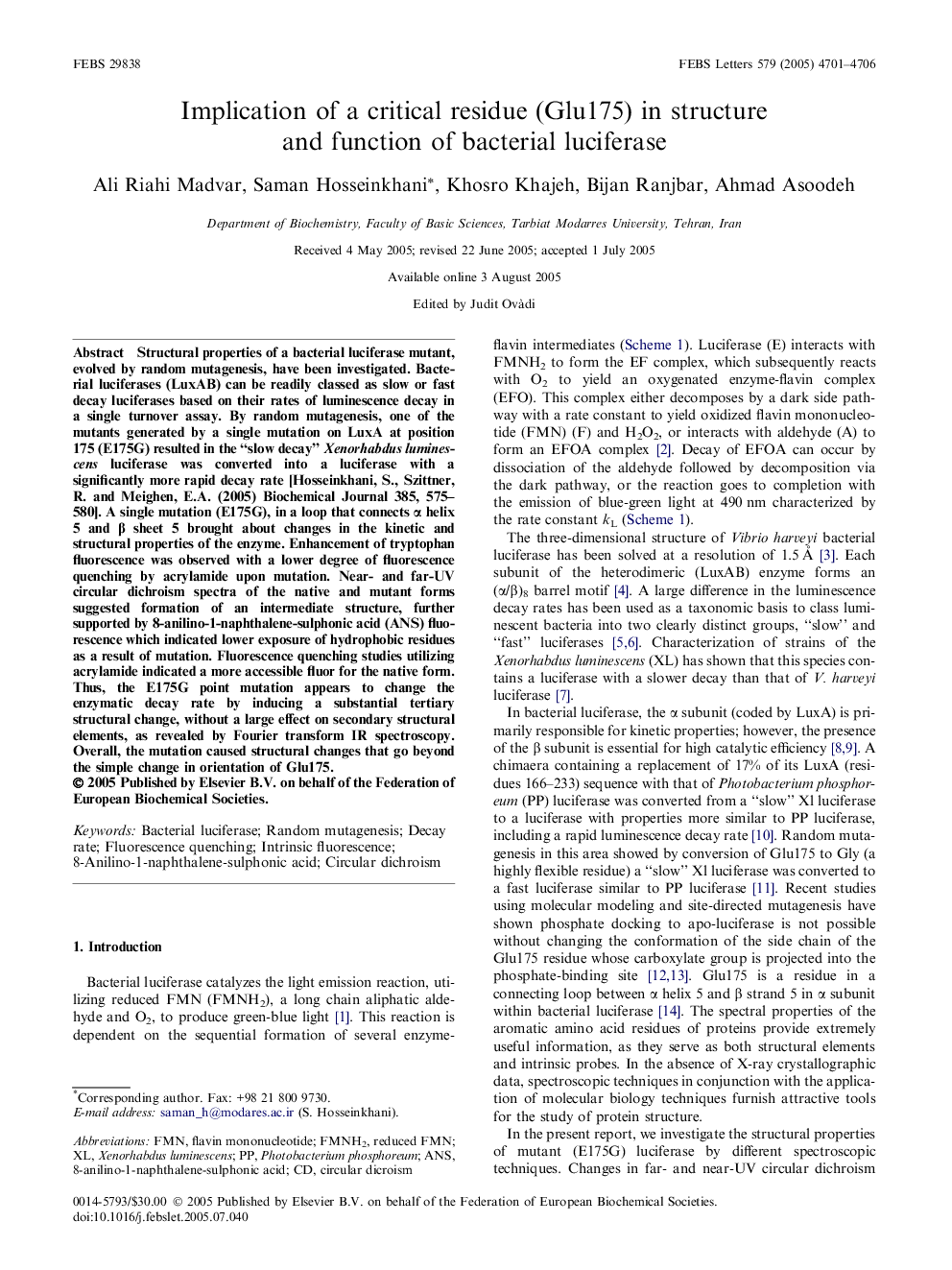 Implication of a critical residue (Glu175) in structure and function of bacterial luciferase