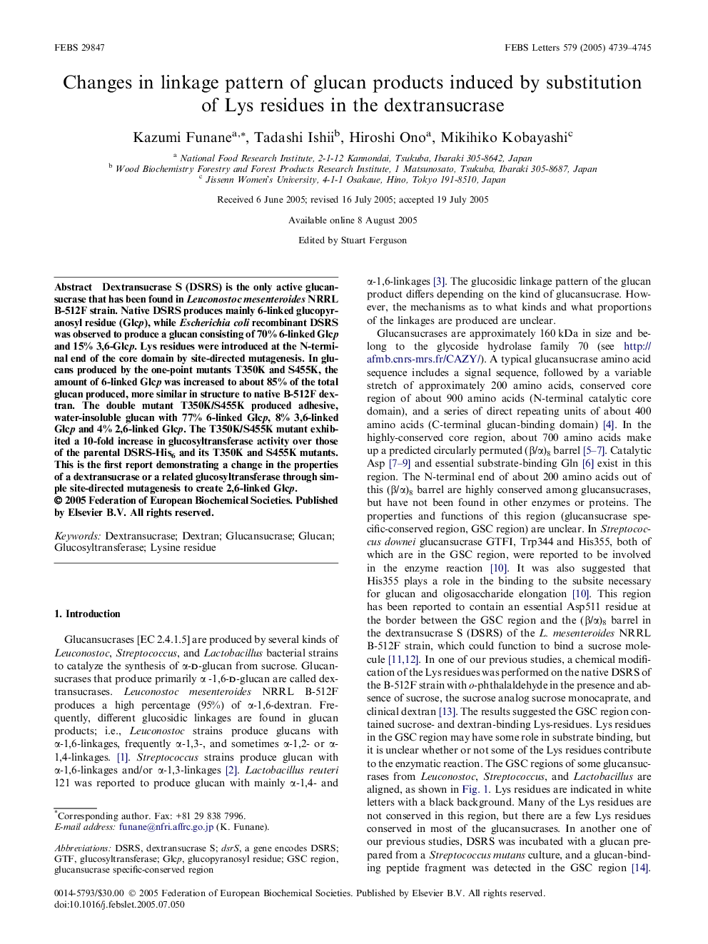 Changes in linkage pattern of glucan products induced by substitution of Lys residues in the dextransucrase