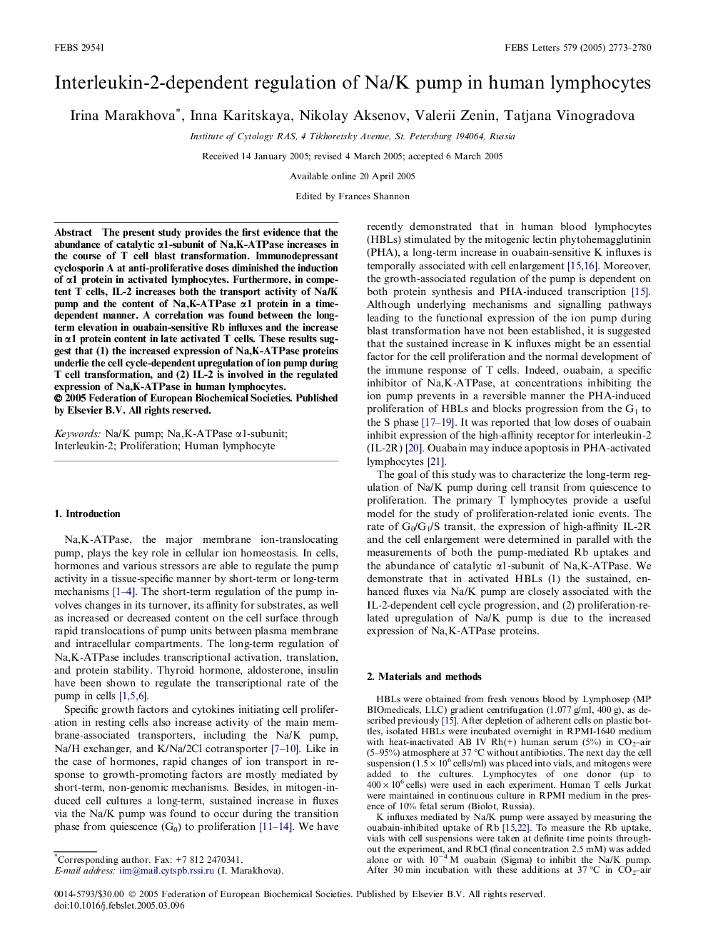 Interleukin-2-dependent regulation of Na/K pump in human lymphocytes