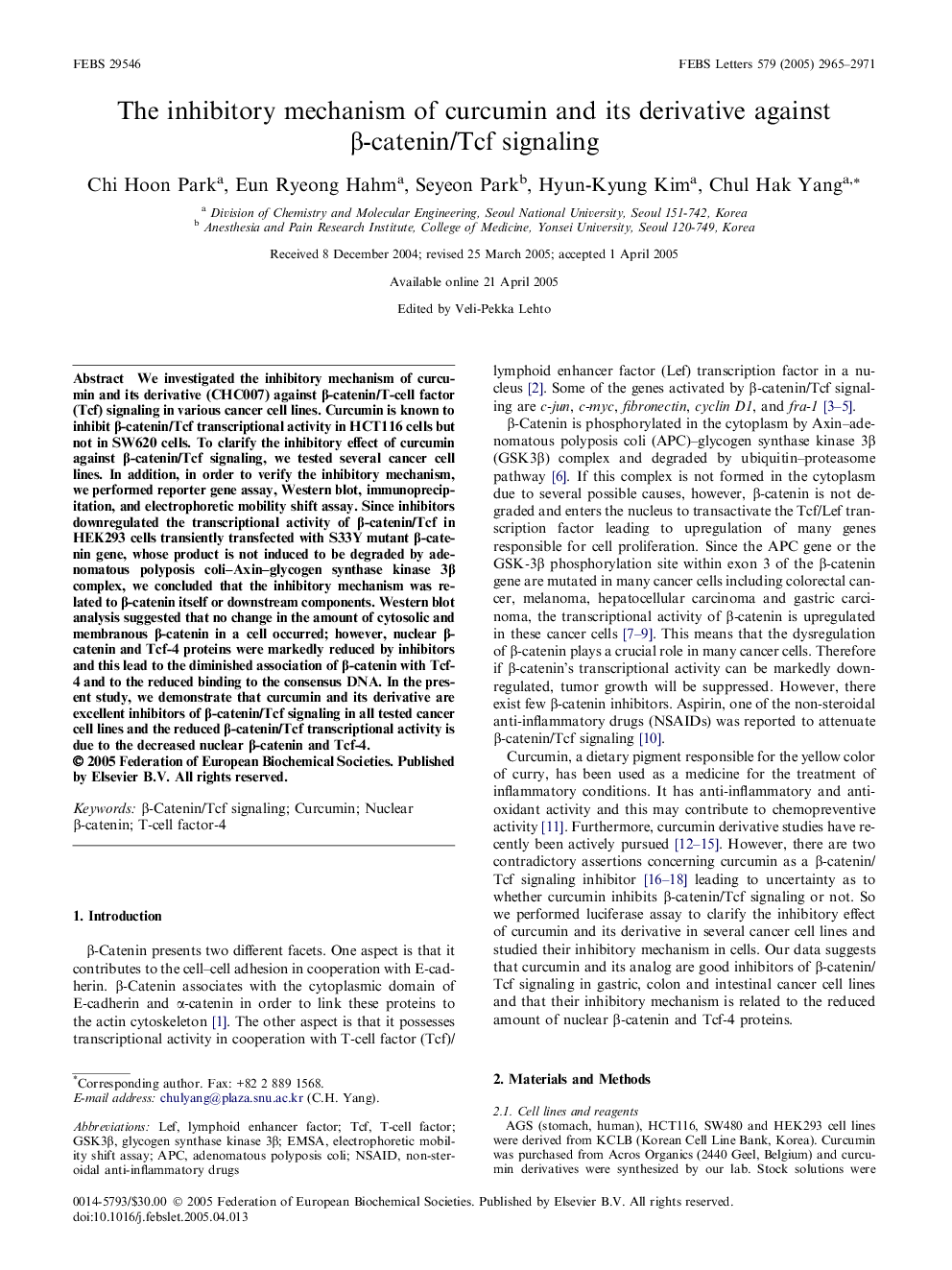 The inhibitory mechanism of curcumin and its derivative against β-catenin/Tcf signaling