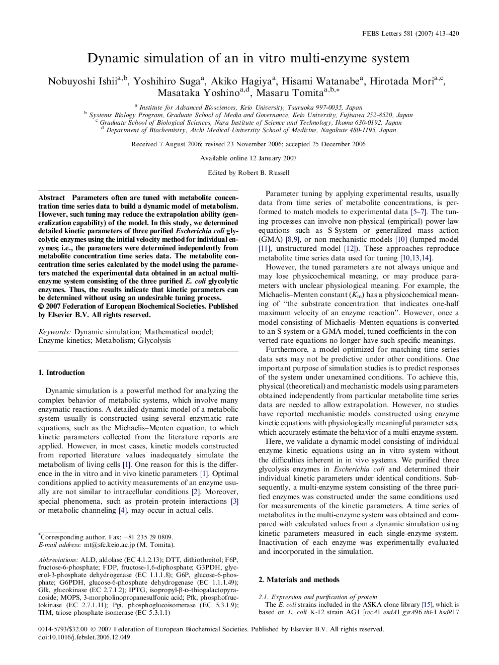 Dynamic simulation of an in vitro multi-enzyme system