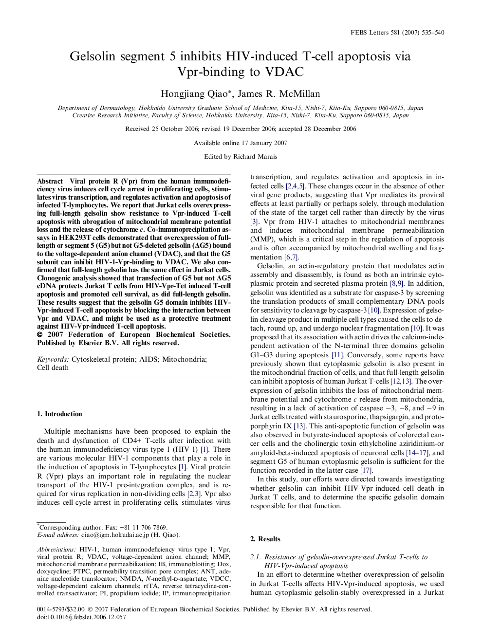 Gelsolin segment 5 inhibits HIV-induced T-cell apoptosis via Vpr-binding to VDAC