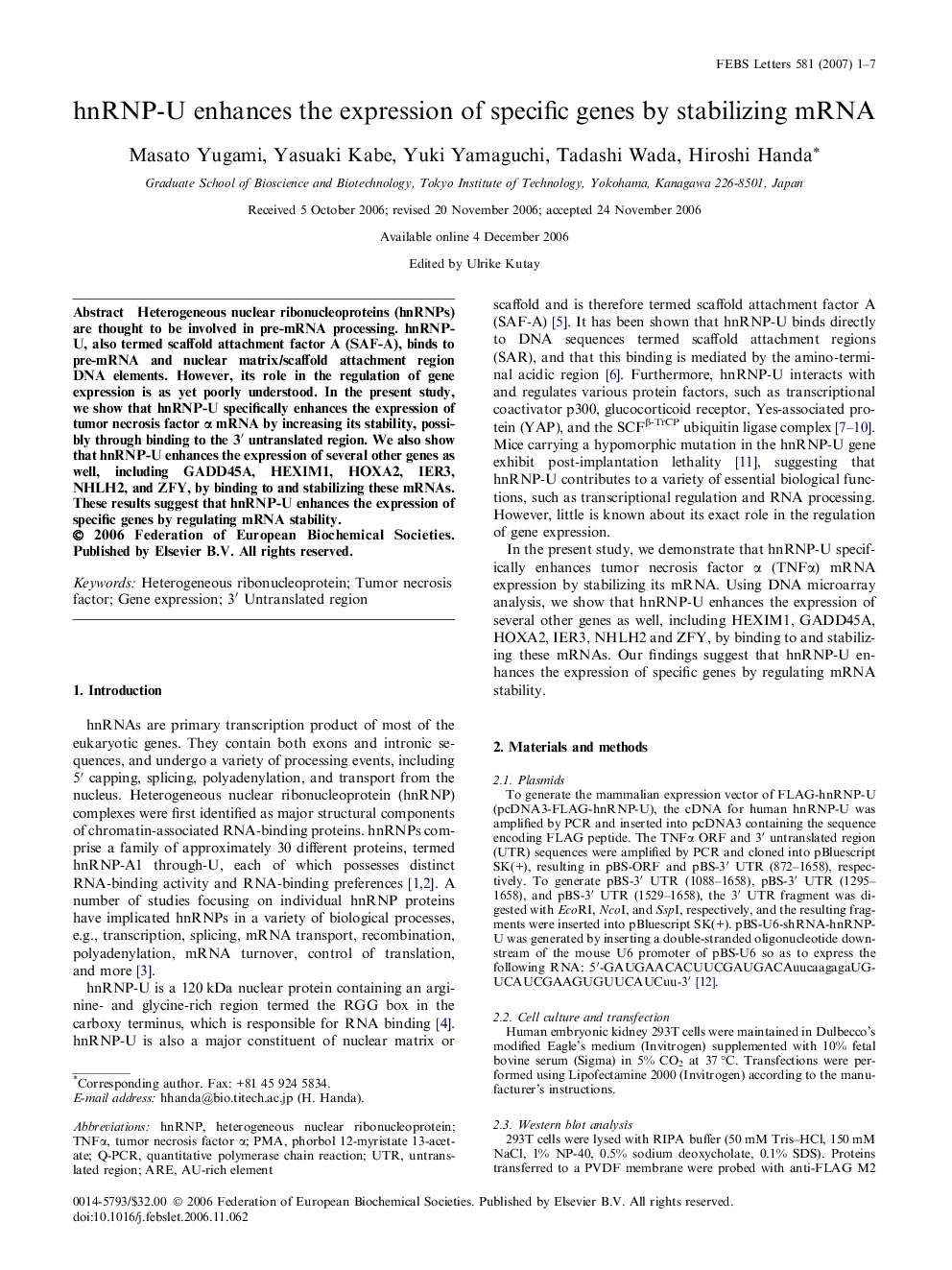 hnRNP-U enhances the expression of specific genes by stabilizing mRNA