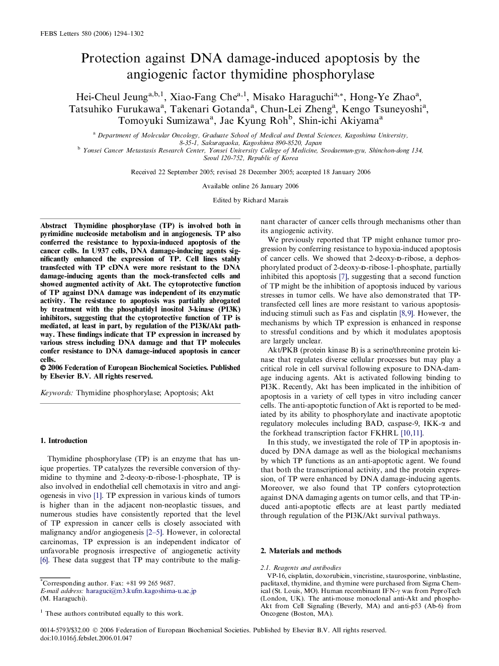 Protection against DNA damage-induced apoptosis by the angiogenic factor thymidine phosphorylase