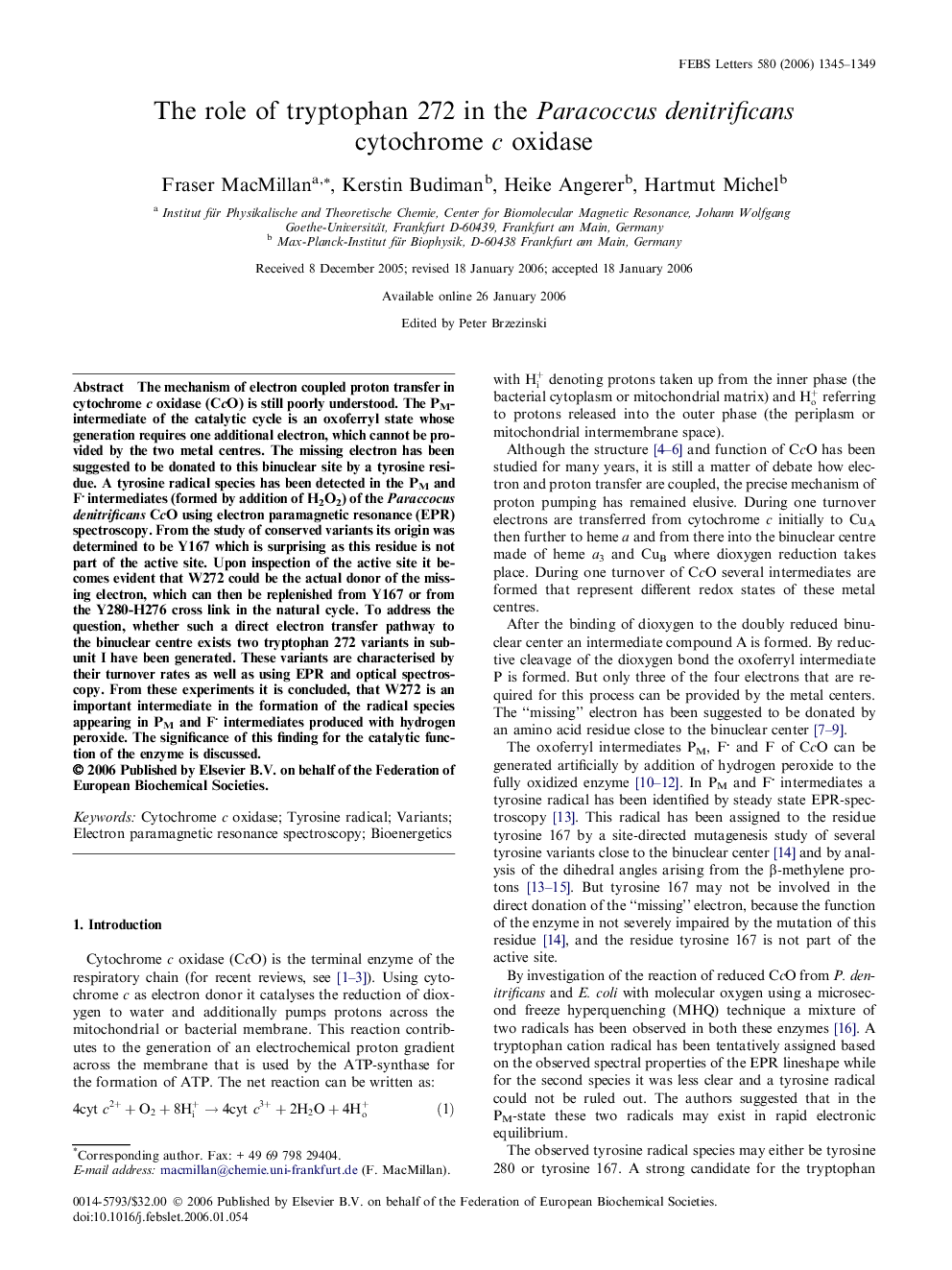 The role of tryptophan 272 in the Paracoccus denitrificans cytochrome c oxidase