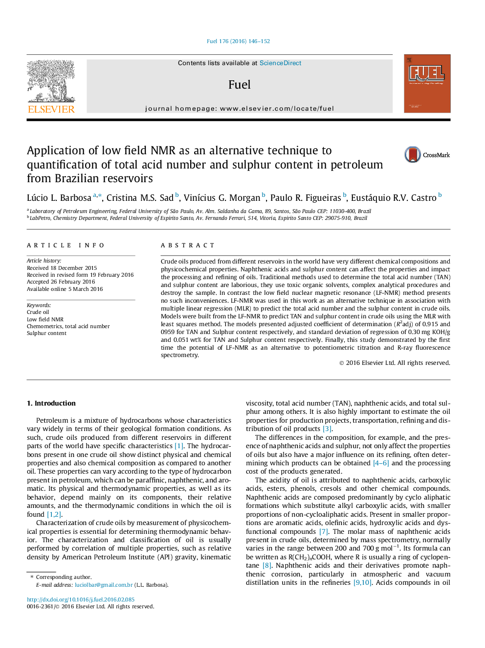 Application of low field NMR as an alternative technique to quantification of total acid number and sulphur content in petroleum from Brazilian reservoirs