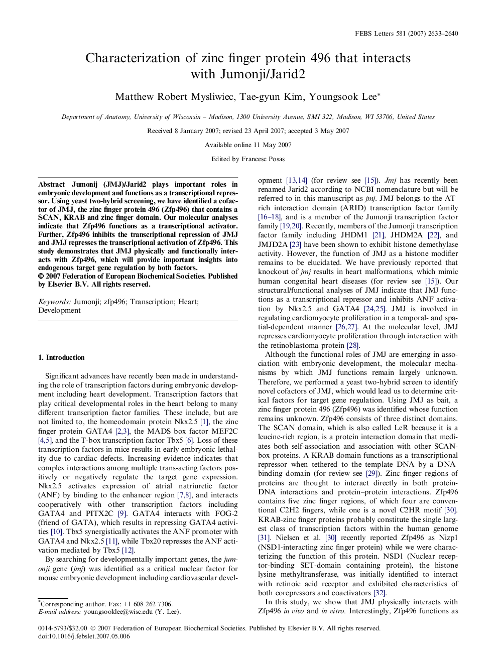 Characterization of zinc finger protein 496 that interacts with Jumonji/Jarid2