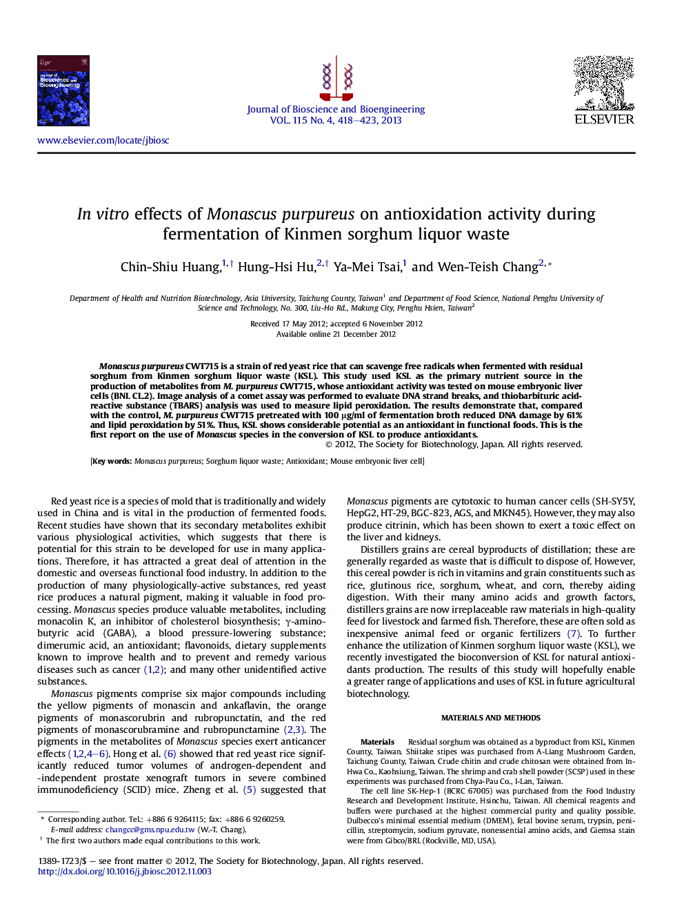 In vitro effects of Monascus purpureus on antioxidation activity during fermentation of Kinmen sorghum liquor waste